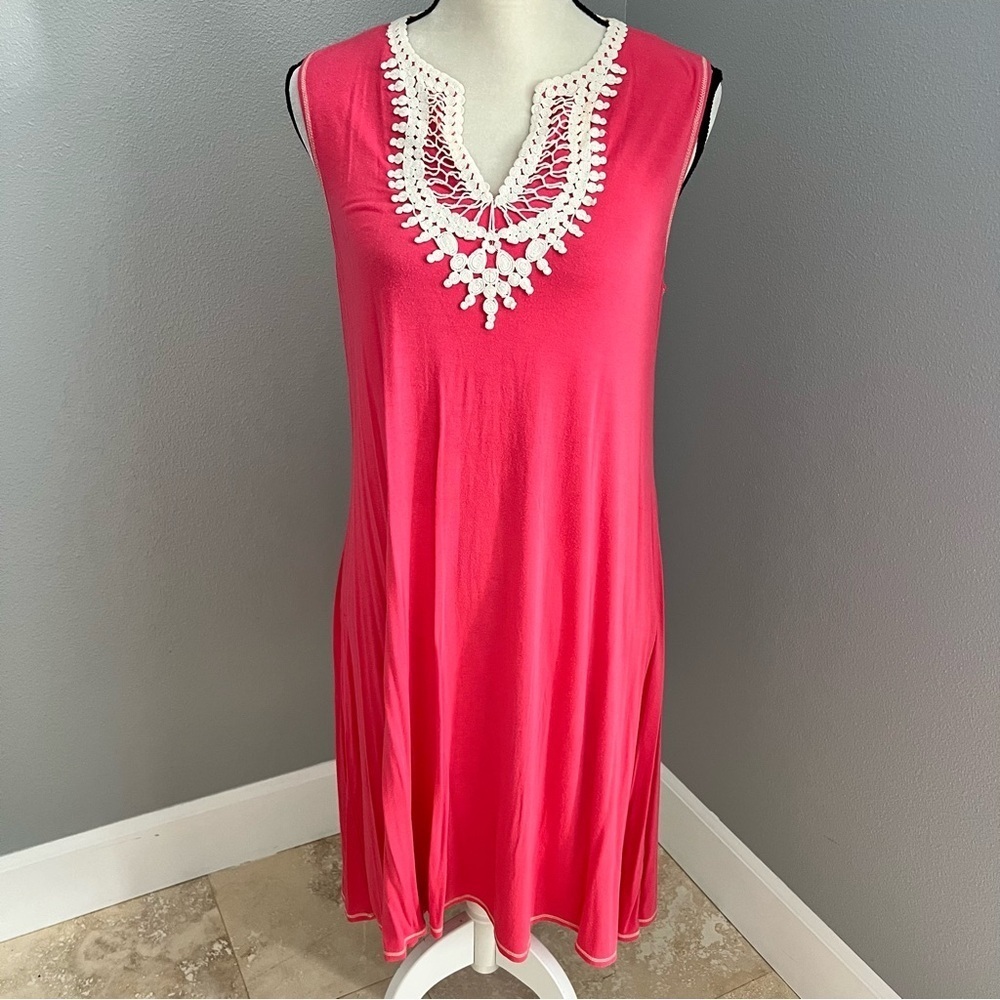 Chelsea & Violet Pink Midi Dress with White Crochet Detail